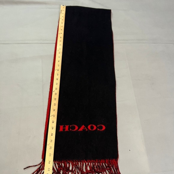 Coach Wool Cashmere Scarf Red Black Bi-Color Logo Reversible Fringe Logo Men - Picture 8 of 11